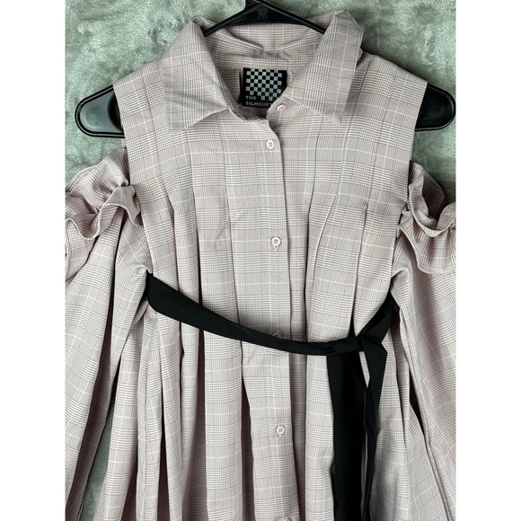 The Silhouette Pink Plaid Shirt Dress Dark Academia Heritage Tie Belt Pleated - Picture 5 of 16